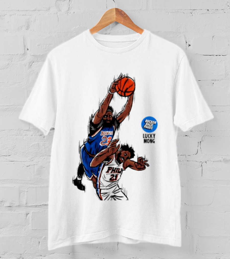 Knicks Vs 76ers Game 4 Iconic Moment Joel Embiid Mitchell Robinson NBA Matchup T-Shirt