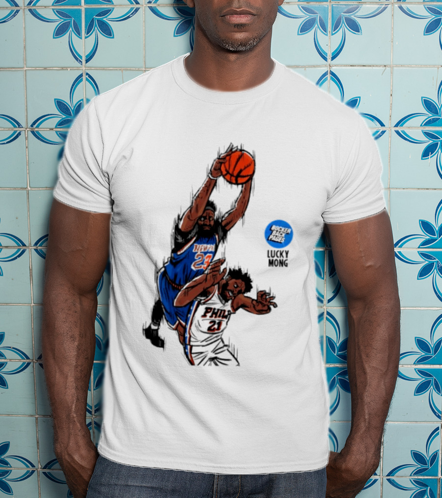 Knicks Vs 76ers Game 4 Iconic Moment Joel Embiid Mitchell Robinson NBA Matchup T-Shirt