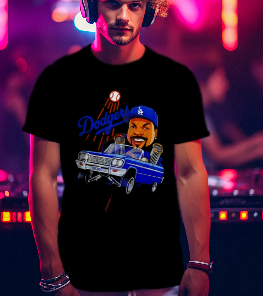 Ice Cube Cartoon Driving Lowrider Los Angeles Dodgers Baseball T-Shirt