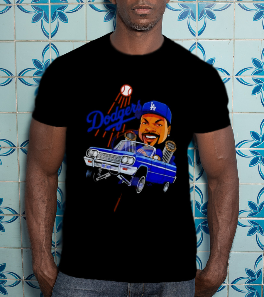 Ice Cube Cartoon Driving Lowrider Los Angeles Dodgers Baseball T-Shirt