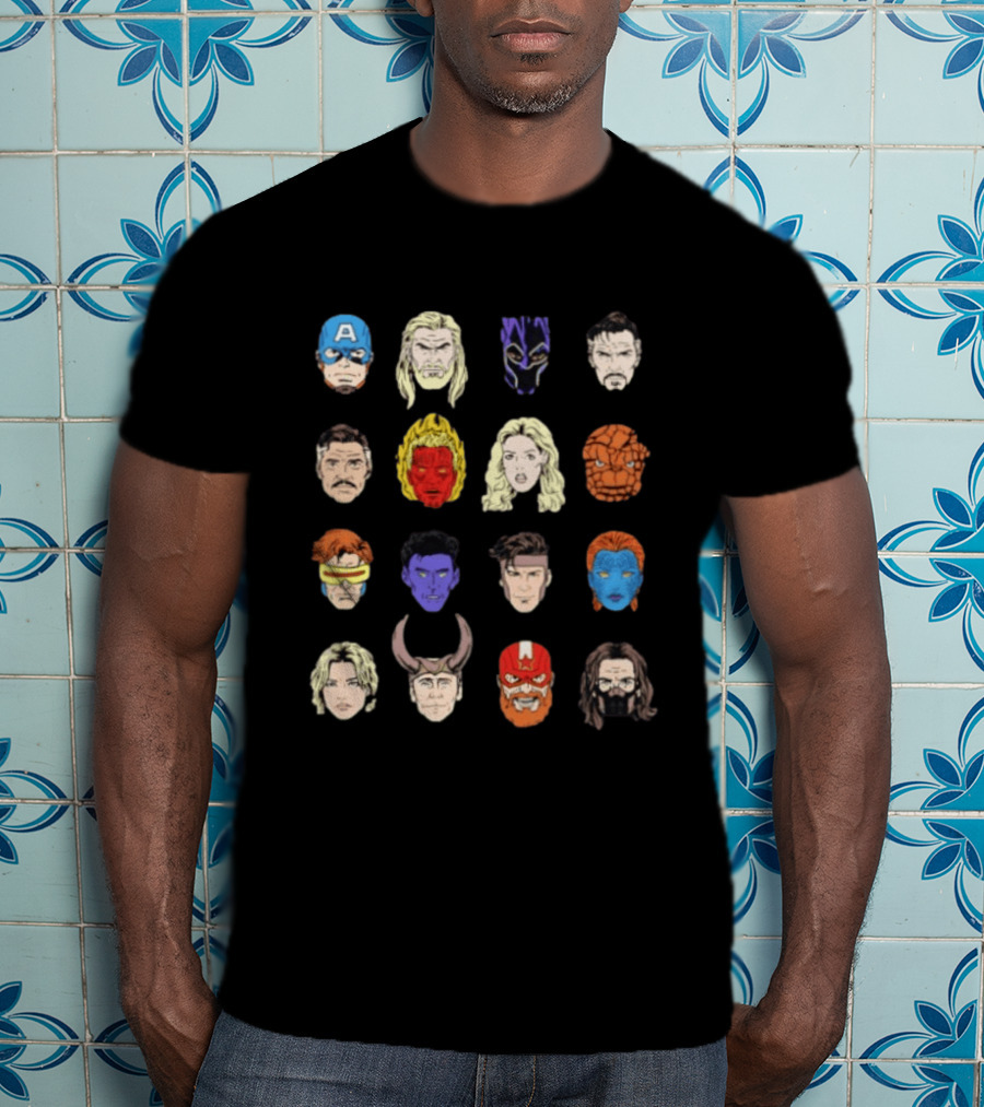 Heroes Assemble Big Head Iconic Characters Collage T-Shirt