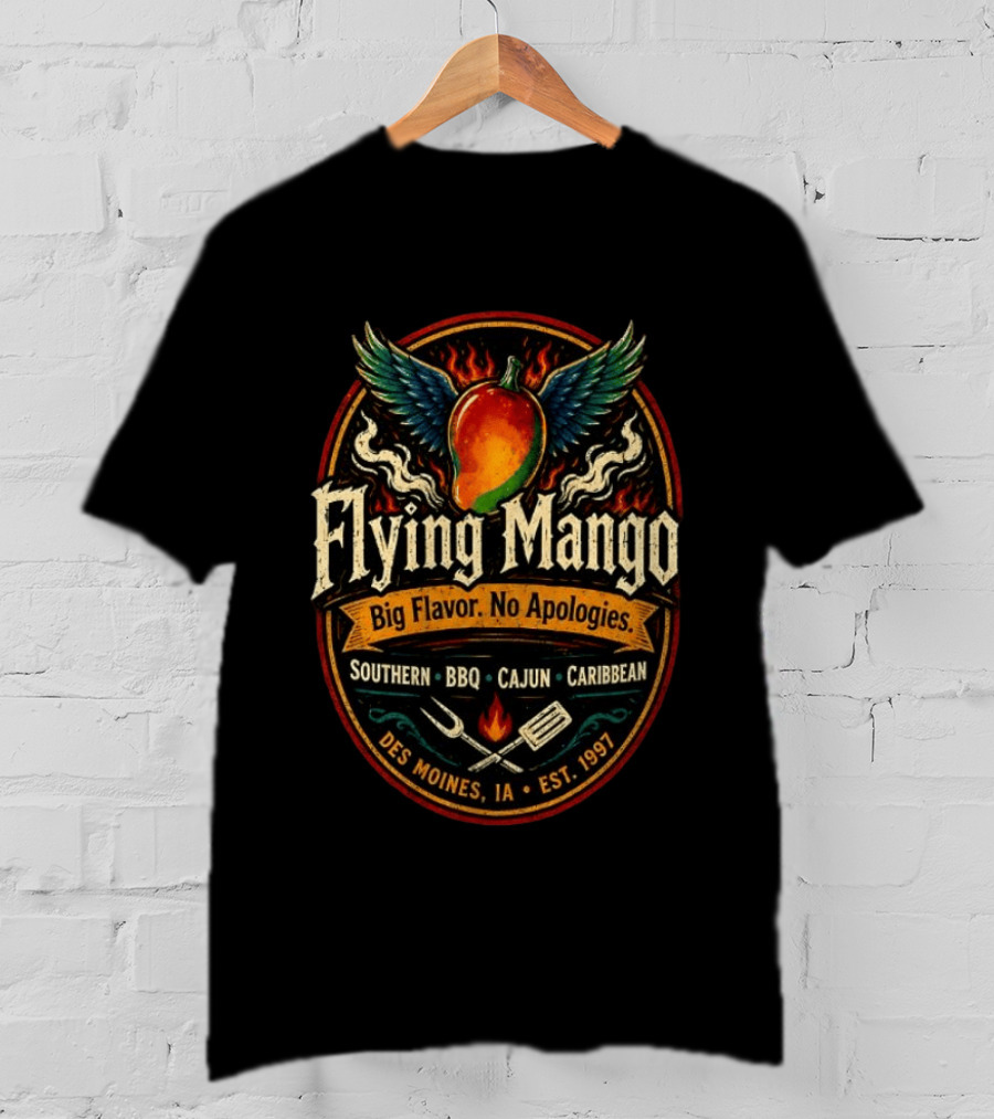 Flying Mango Southern BBQ Cajun Caribbean Des Moines IA Est 1997 T-Shirt