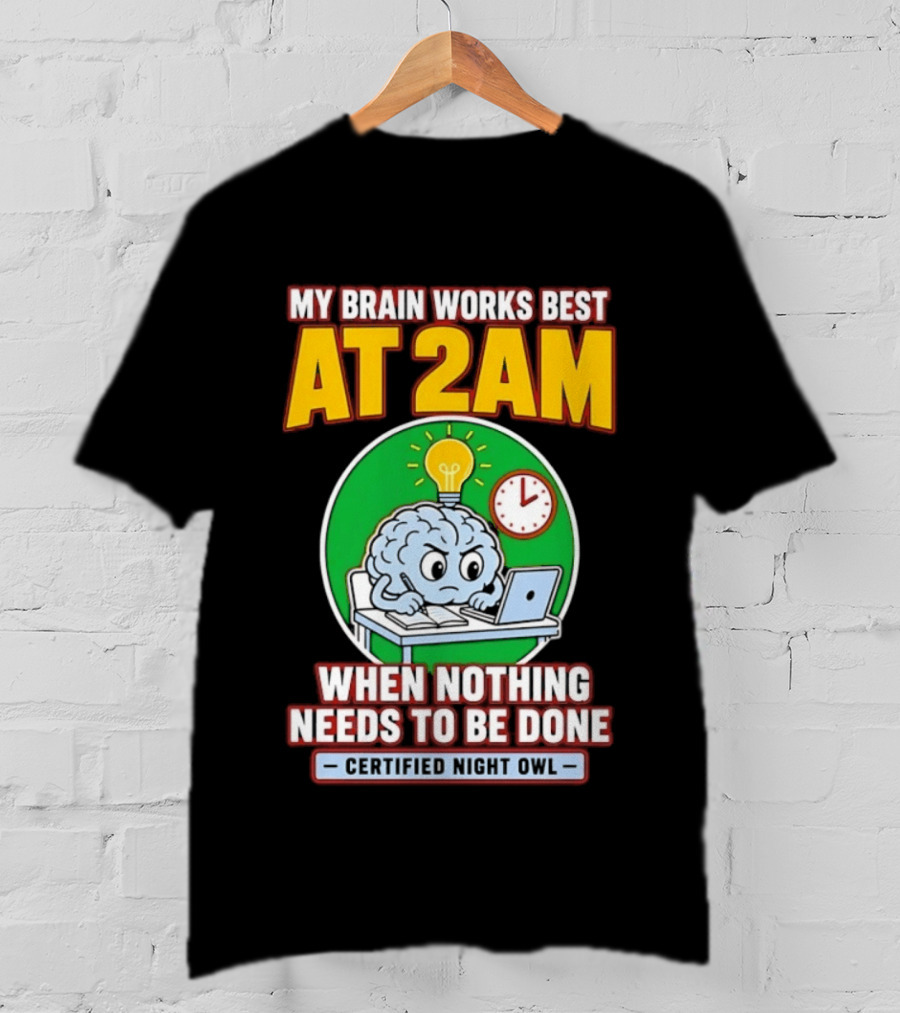 My Brain Works Best At 2am When Nothing Needs To Be Done Certified Night Owl T-Shirt