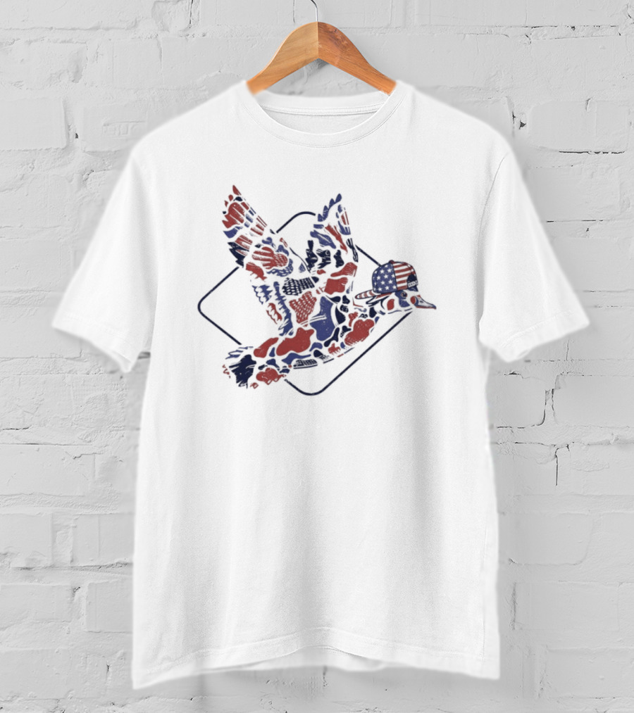 Camo Flying Mallard Duck USA American Flag Independence Day T-Shirt