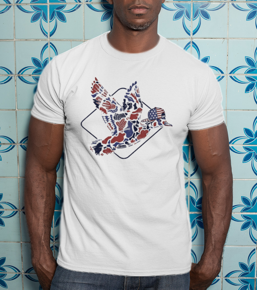 Camo Flying Mallard Duck USA American Flag Independence Day T-Shirt