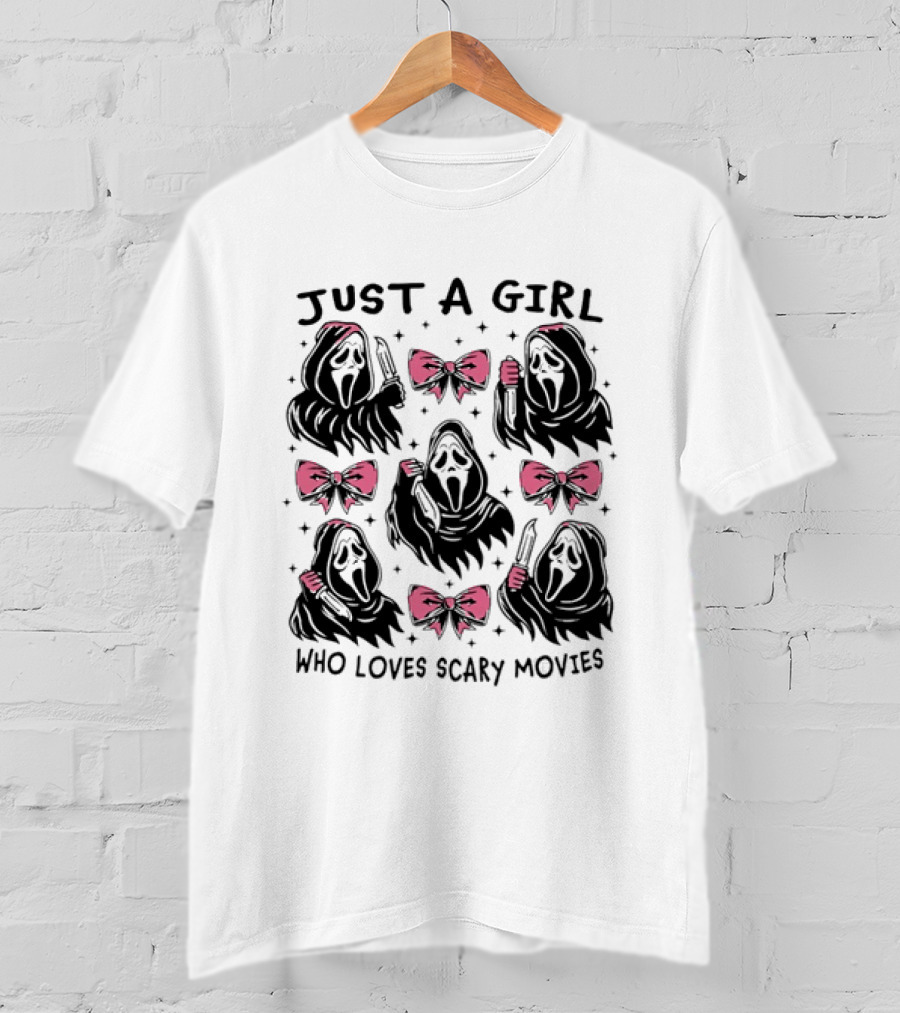 Just A Girl Who Loves Scary Movies Ghost Face Pink Bow T-Shirt