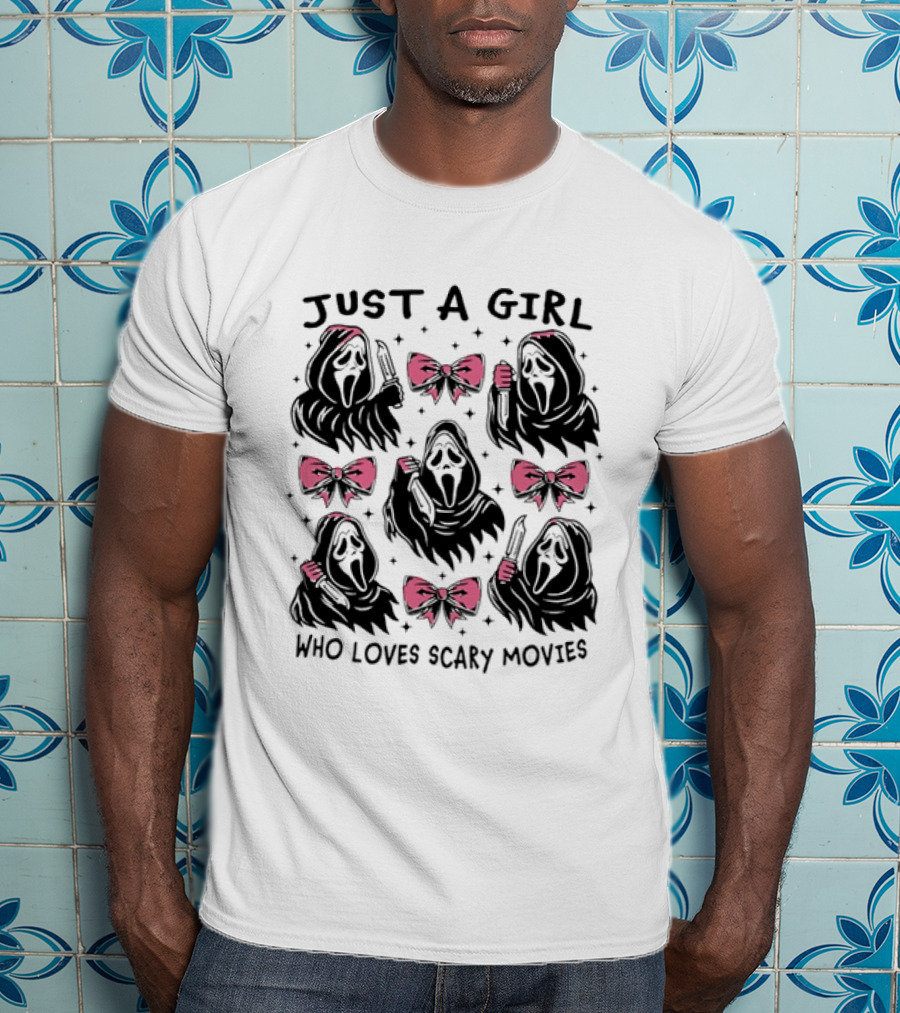 Just A Girl Who Loves Scary Movies Ghost Face Pink Bow T-Shirt