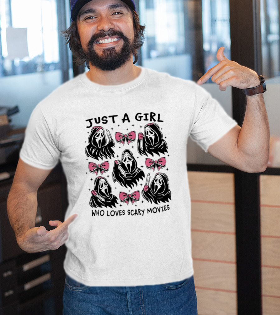 Just A Girl Who Loves Scary Movies Ghost Face Pink Bow T-Shirt