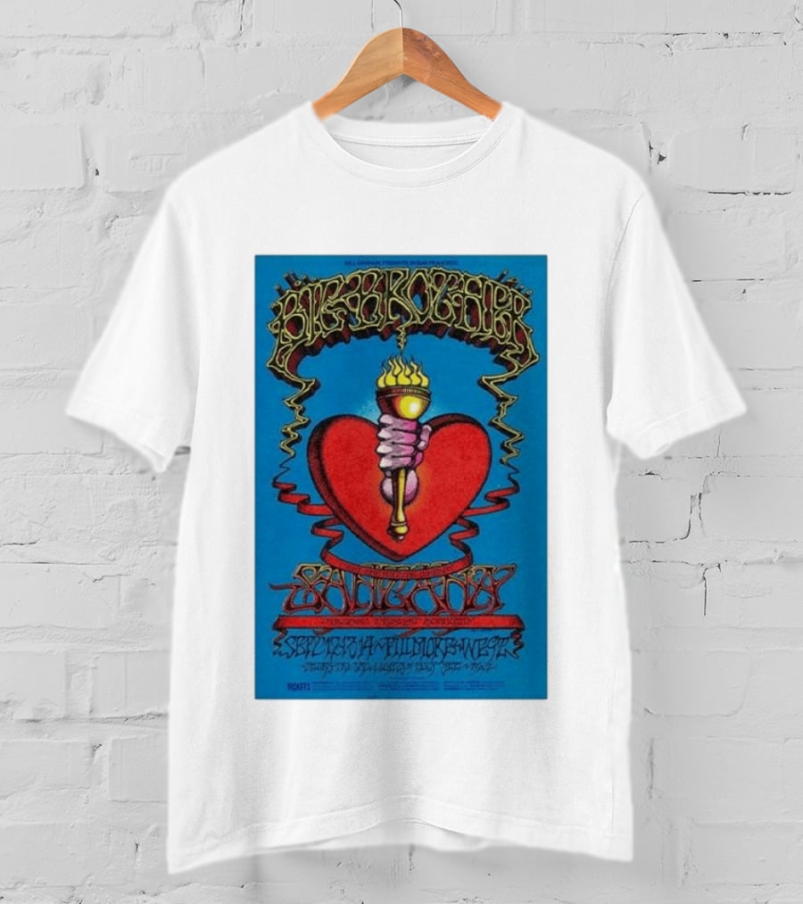 Big Brother The Holding Company Blue Background Red Heart And Torch Iconic Psychedelic T-Shirt