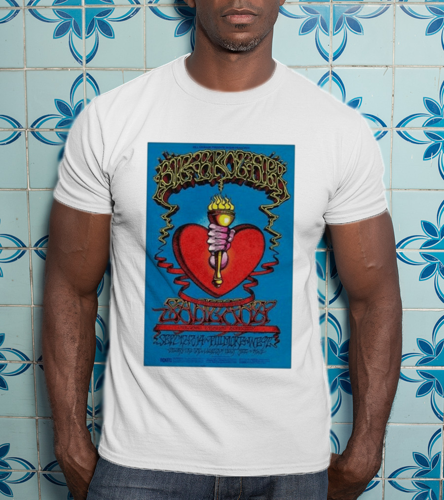 Big Brother The Holding Company Blue Background Red Heart And Torch Iconic Psychedelic T-Shirt