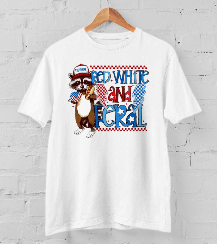 Red White And Feral Raccoon Hot Dog Patriotic 4th Of July Celebration T-Shirt