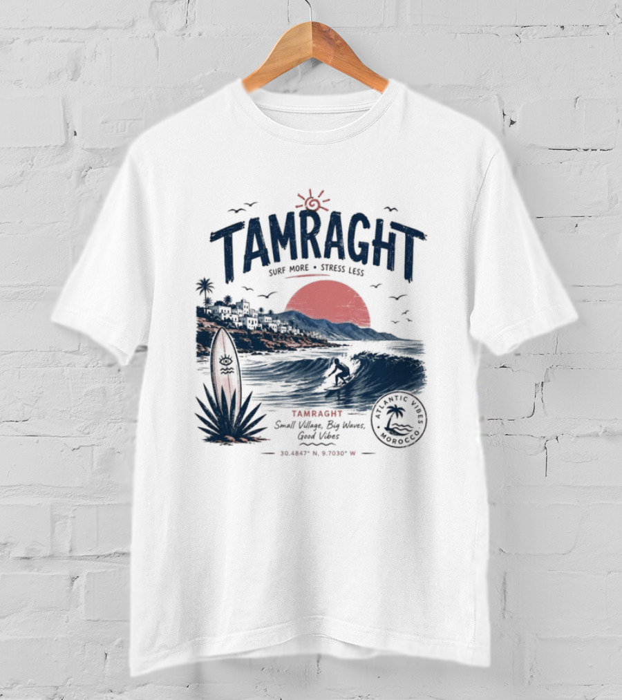Tamraght Surf Maroc A Surfing Adventure Red Sun Ocean Waves T-Shirt
