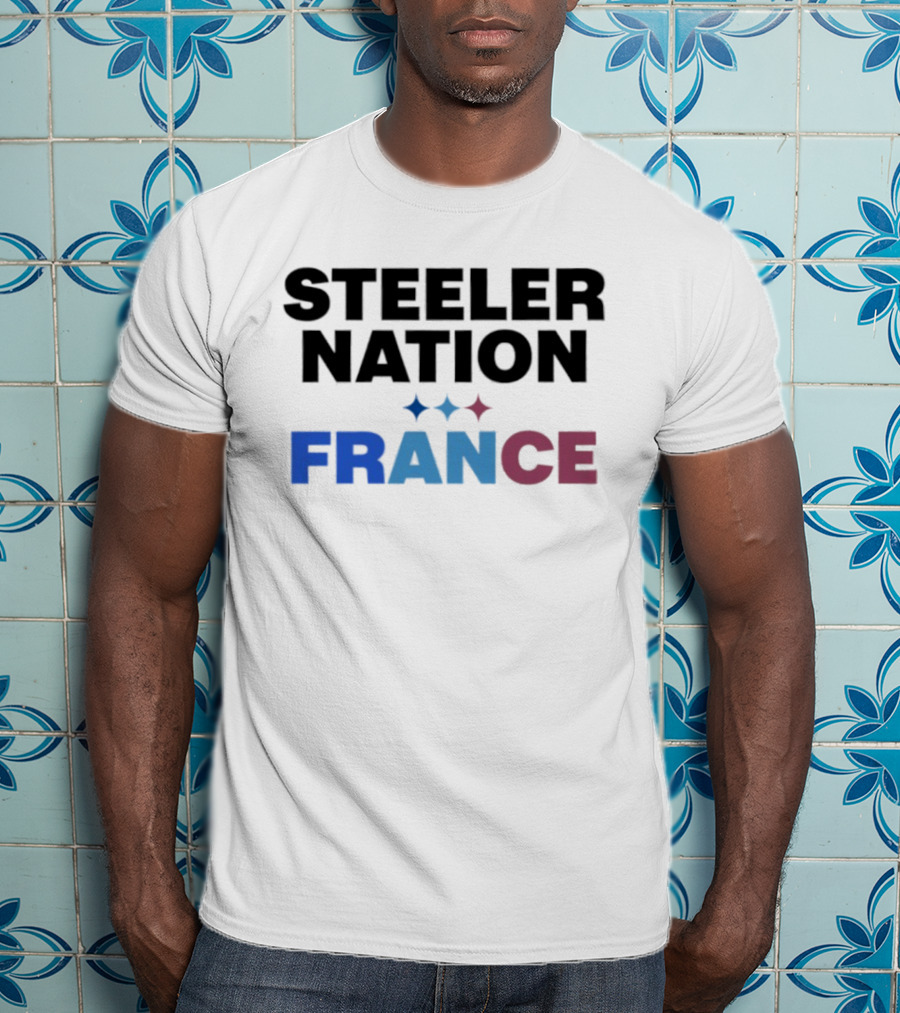 STEELERS NATION FRANCE Black Text Blue White Red Team T-Shirt