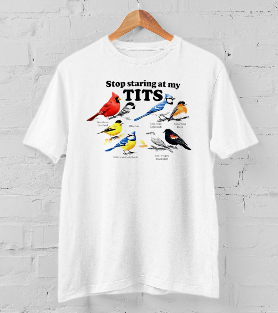 Stop Staring At My Tits Northern Cardinal Blue Jay American Goldfinch Mourning Dove Red Winged Blackbird T-Shirt