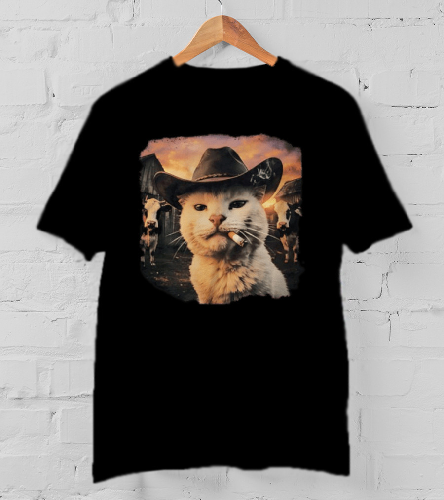 Cowboy Cat Smoking Cigarette In Rustic Barnyard Scene With Cows T-Shirt