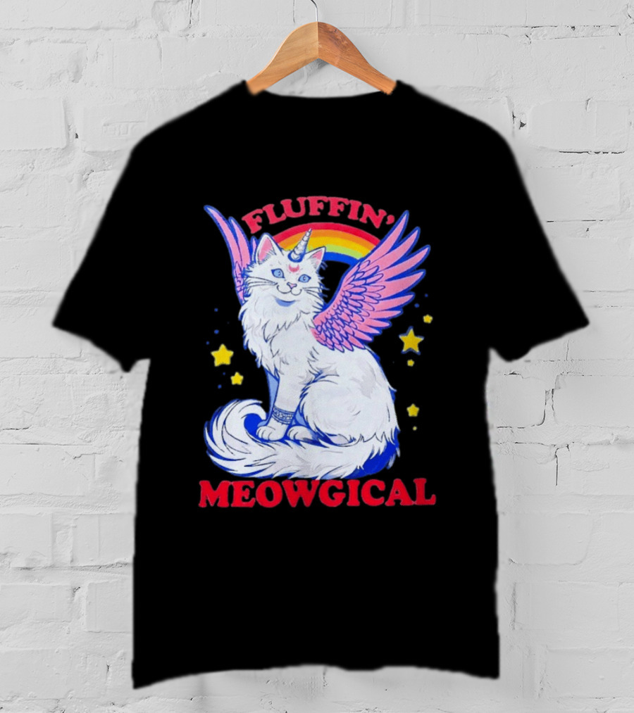 Fluffin' Meowgical Winged Unicorn Cat Rainbow Stars T-Shirt