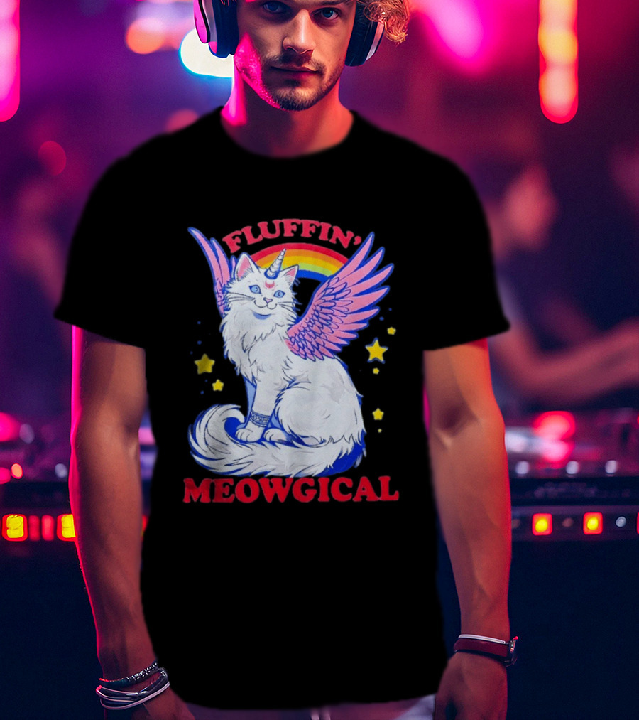 Fluffin' Meowgical Winged Unicorn Cat Rainbow Stars T-Shirt