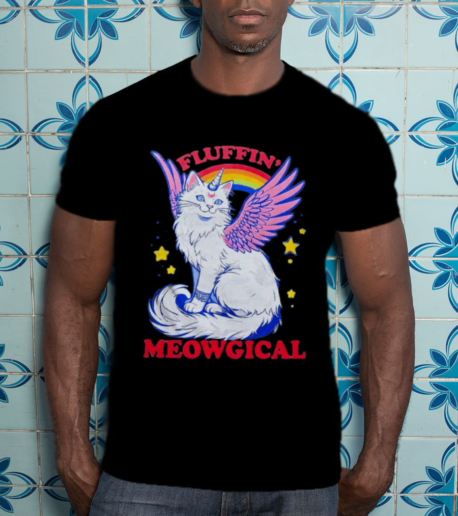 Fluffin' Meowgical Winged Unicorn Cat Rainbow Stars T-Shirt