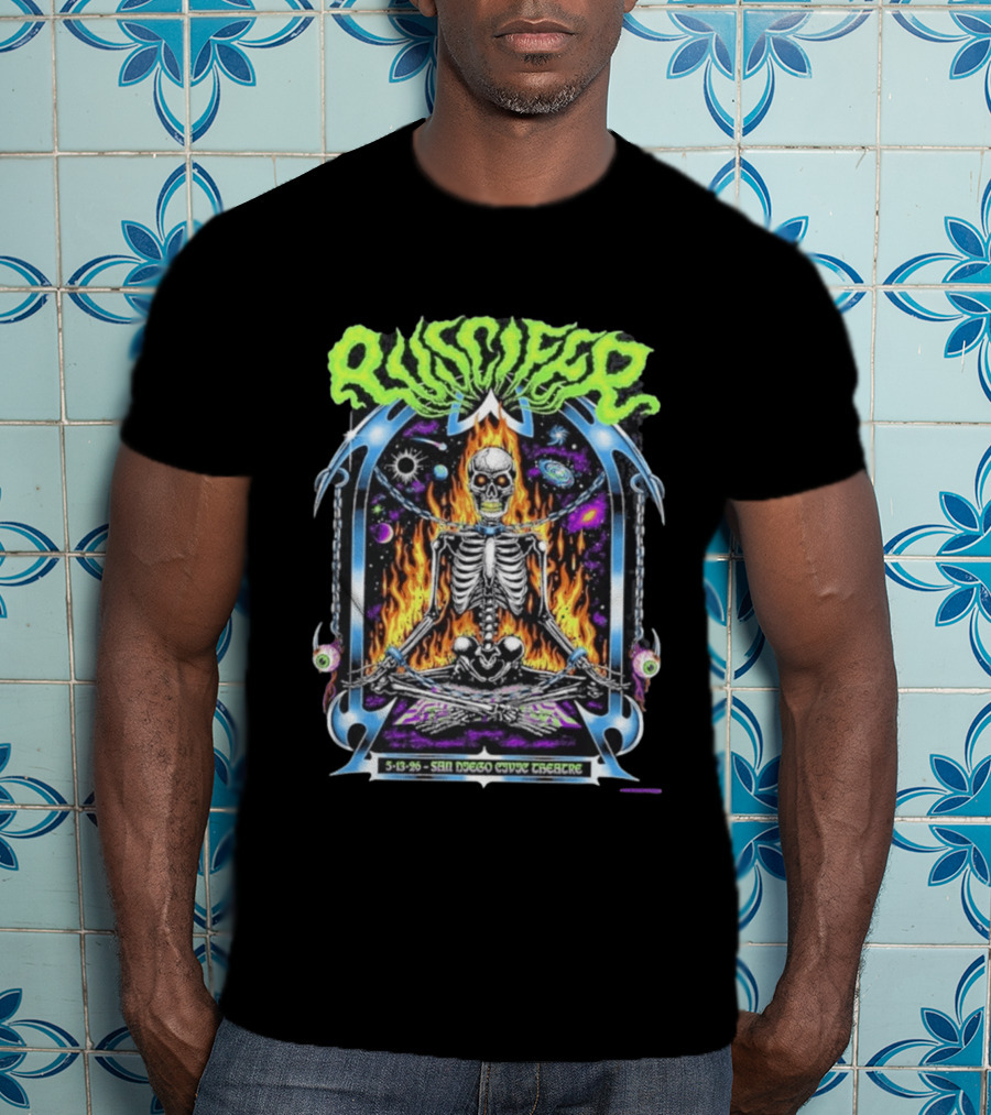 Puscifer San Diego Civic Theatre May 13 2026 Event Flaming Skull Skeleton In Space T-Shirt