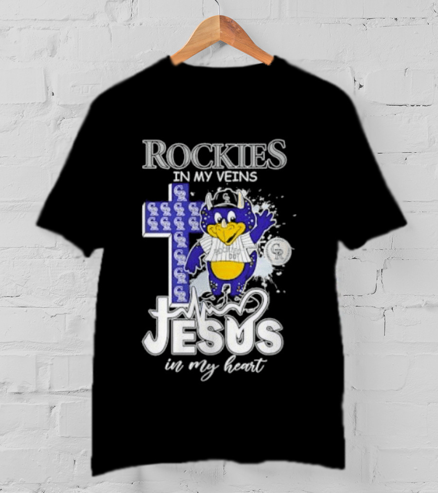 Colorado Rockies Baseball In My Veins Jesus In My Heart Cross Christian Rockies T-Shirt