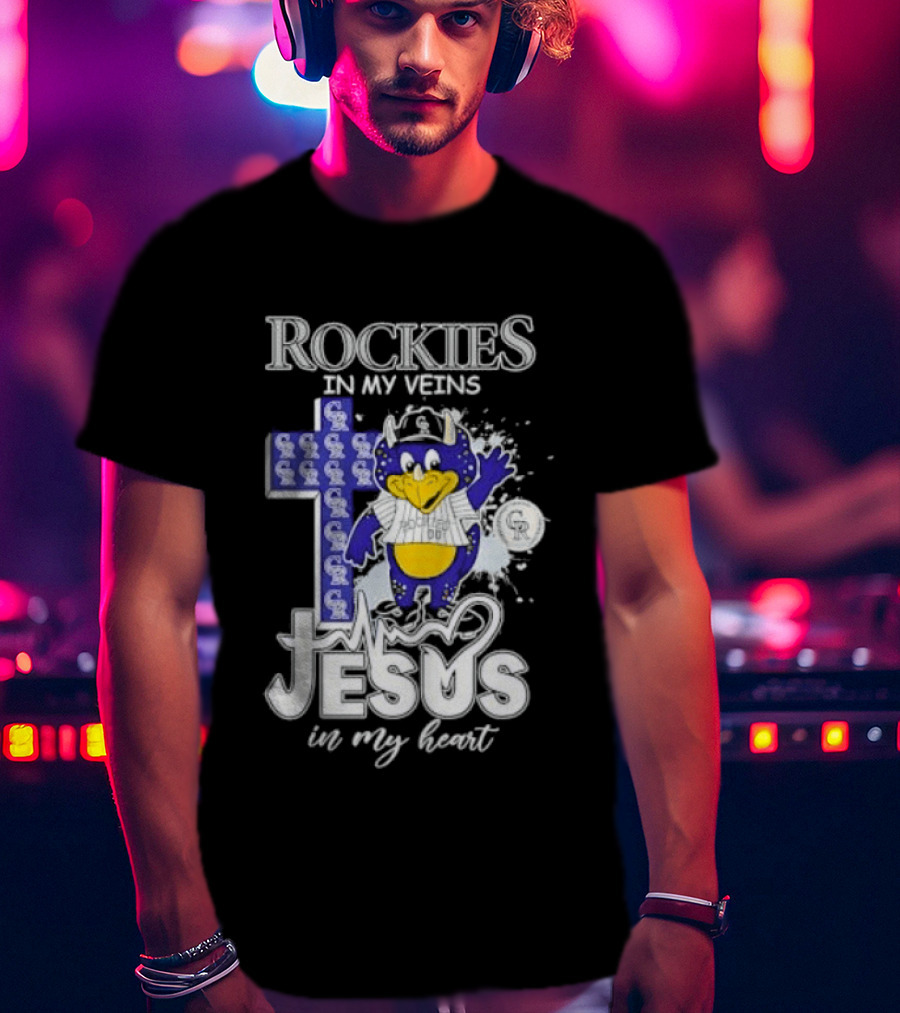 Colorado Rockies Baseball In My Veins Jesus In My Heart Cross Christian Rockies T-Shirt