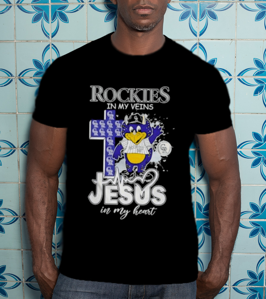 Colorado Rockies Baseball In My Veins Jesus In My Heart Cross Christian Rockies T-Shirt
