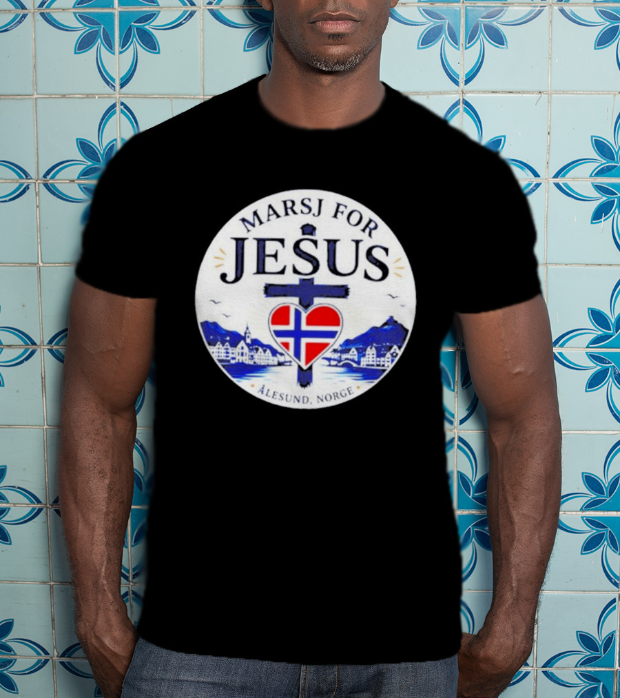 Marsj For Jesus Ålesund Norge Heart And Cross With Norwegian Flag T-Shirt