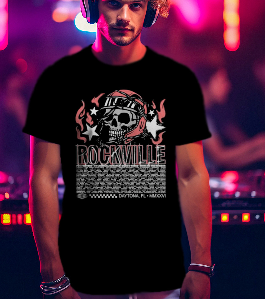 Welcome To Rockville 2026 Daytona Beach Florida Barbed Helmet Skull Lineup T-Shirt
