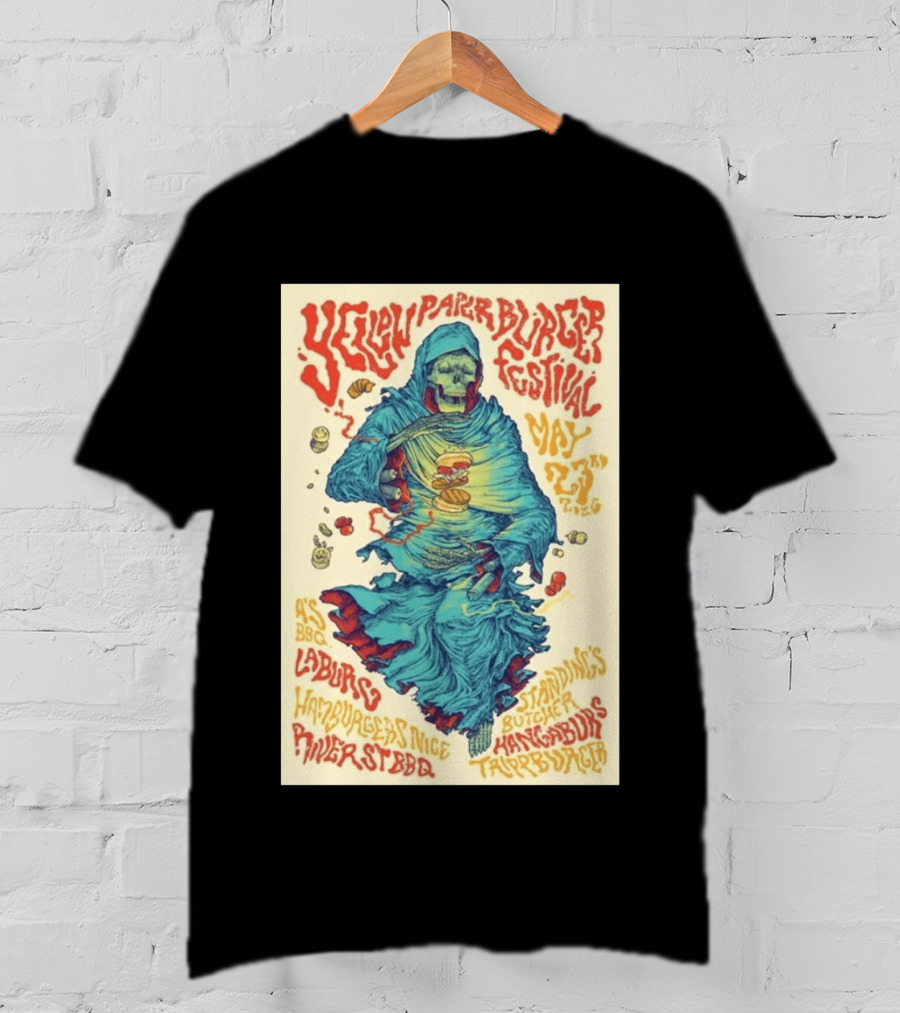 Yellow Paper Burger Festival May 23rd 2026 A's BBQ La Burg Standing's Butcher Taylor Burger River St BBQ Hamburgers Nice T-Shirt
