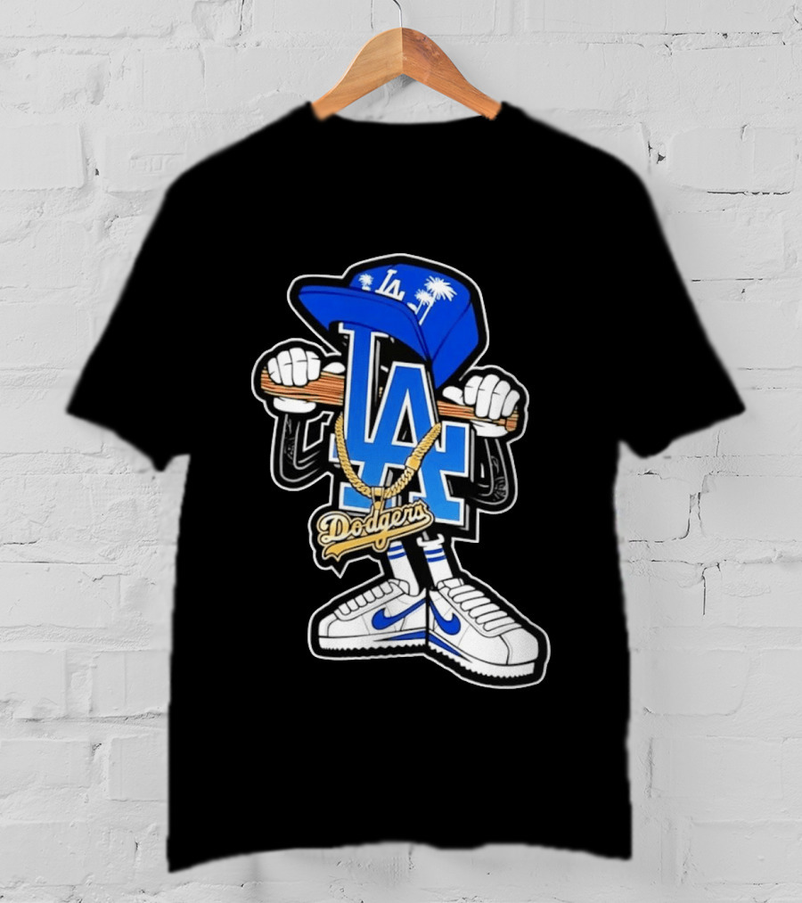 LA Dodgers Palm Trees Gold Chain With Blue Hat And Sneakers T-Shirt
