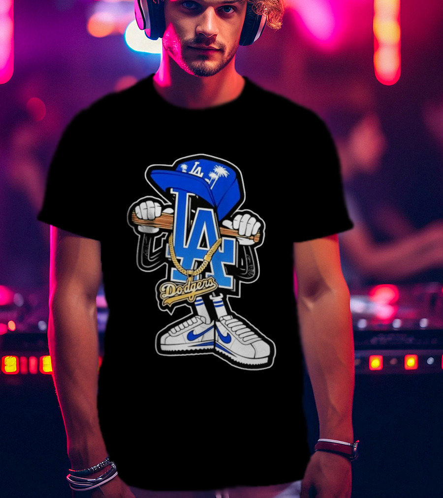 LA Dodgers Palm Trees Gold Chain With Blue Hat And Sneakers T-Shirt
