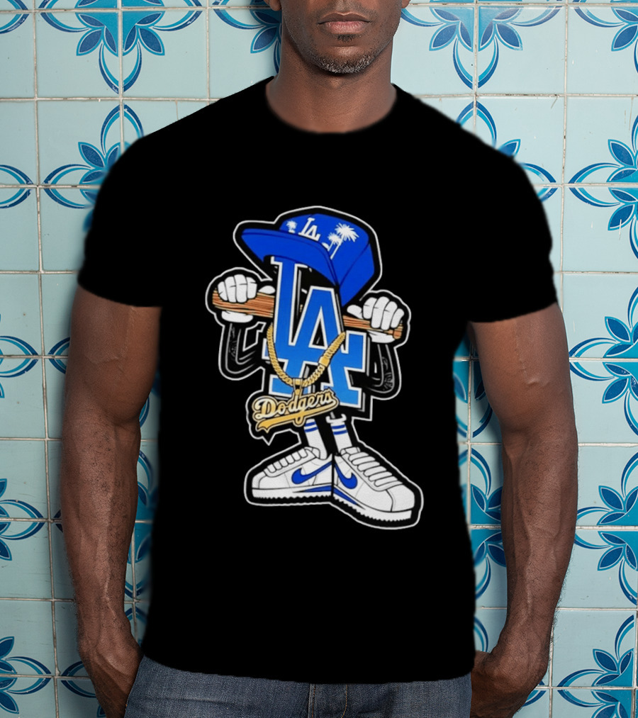 LA Dodgers Palm Trees Gold Chain With Blue Hat And Sneakers T-Shirt