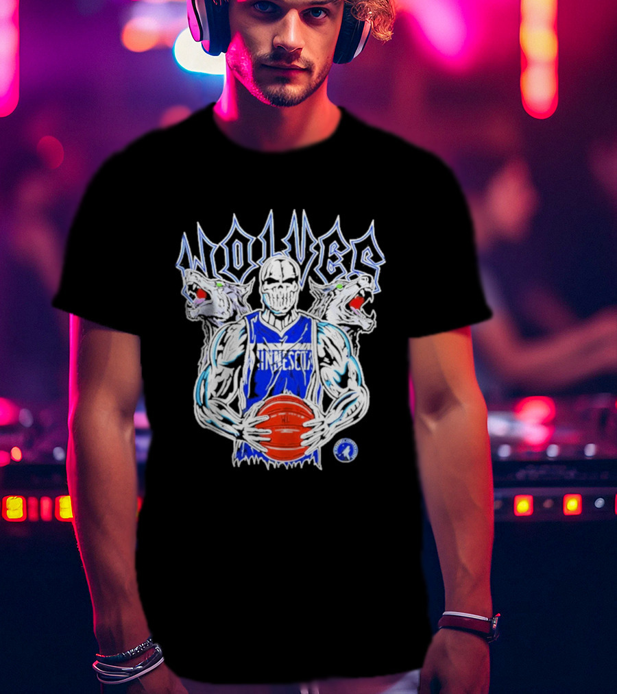 Wolves Minnesota Basketball Skeleton Player With Wolf Heads T-Shirt