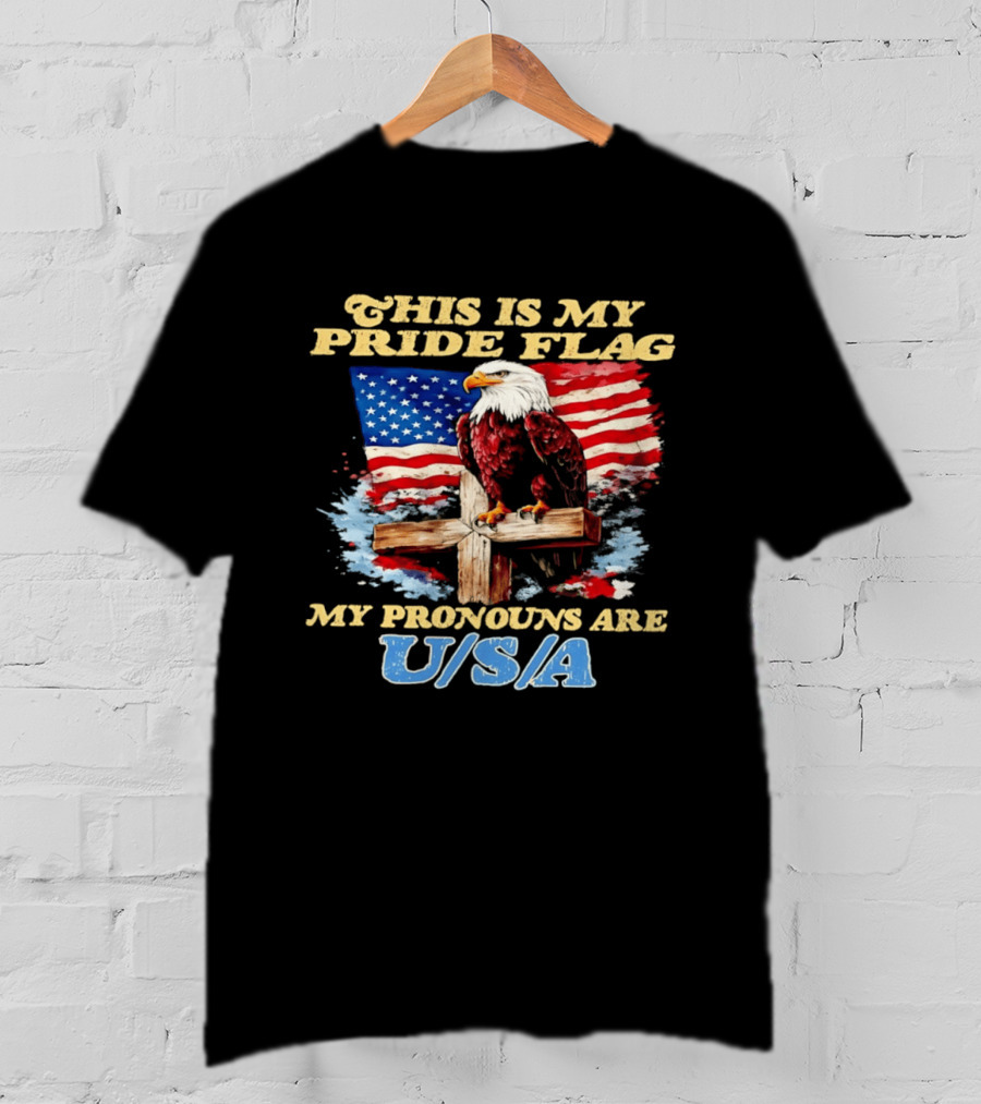 This Is My Pride Flag My Pronouns Are USA Eagle Cross American Flag T-Shirt