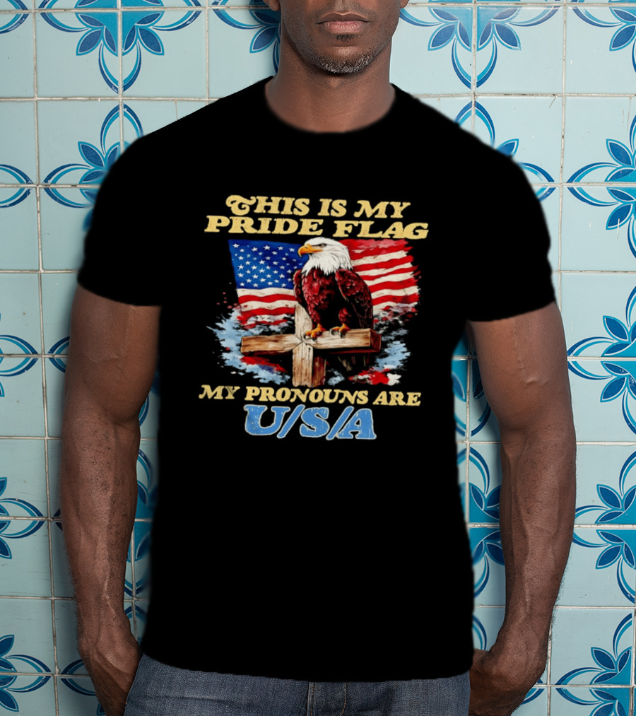 This Is My Pride Flag My Pronouns Are USA Eagle Cross American Flag T-Shirt