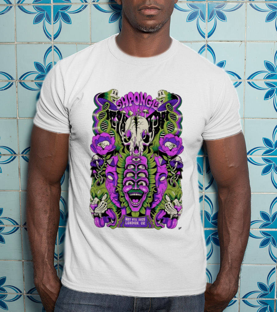 Shpongle May 9th 2026 London UK Psychedelic Imagery Skeletons And Flowers T-Shirt