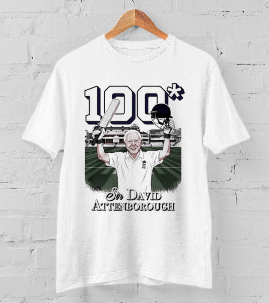 Sir David Attenborough 100 Celebration Cricket Bat And Helmet Raised T-Shirt