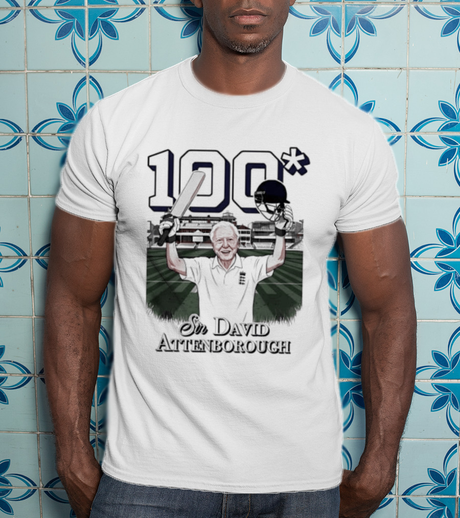 Sir David Attenborough 100 Celebration Cricket Bat And Helmet Raised T-Shirt