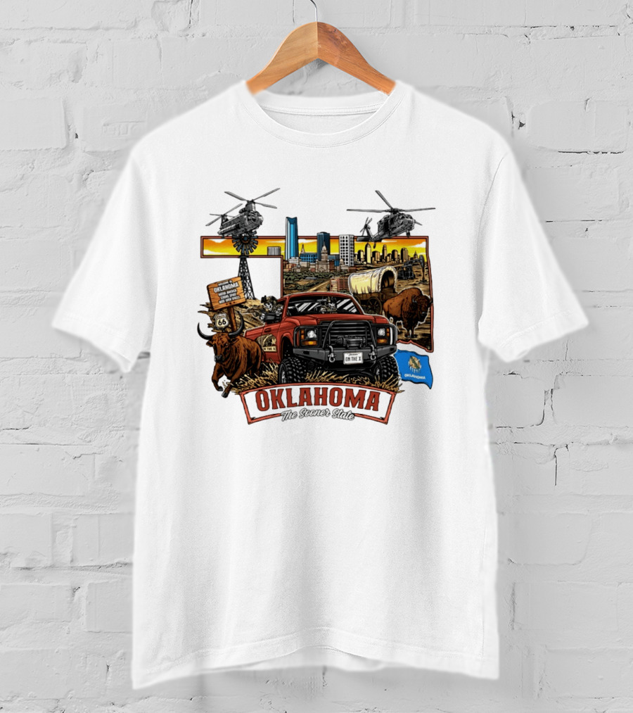 Oklahoma The Sooner State Route 66 Buffalo Cityscape Helicopters T-Shirt