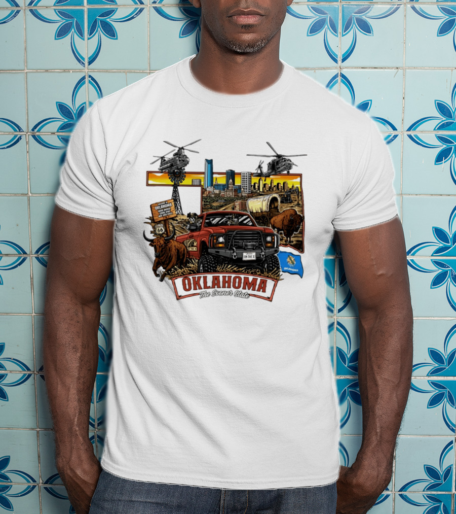 Oklahoma The Sooner State Route 66 Buffalo Cityscape Helicopters T-Shirt
