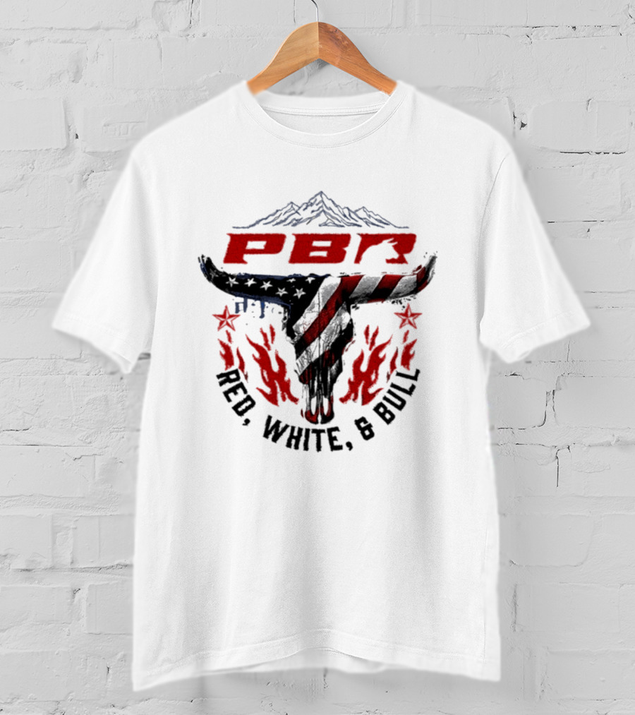 PBR Red White And Bull Mountain Skull Stars And Flames T-Shirt