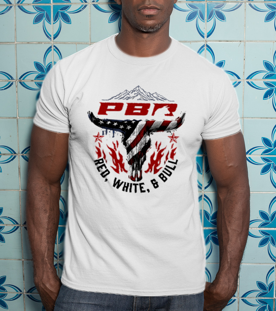 PBR Red White And Bull Mountain Skull Stars And Flames T-Shirt