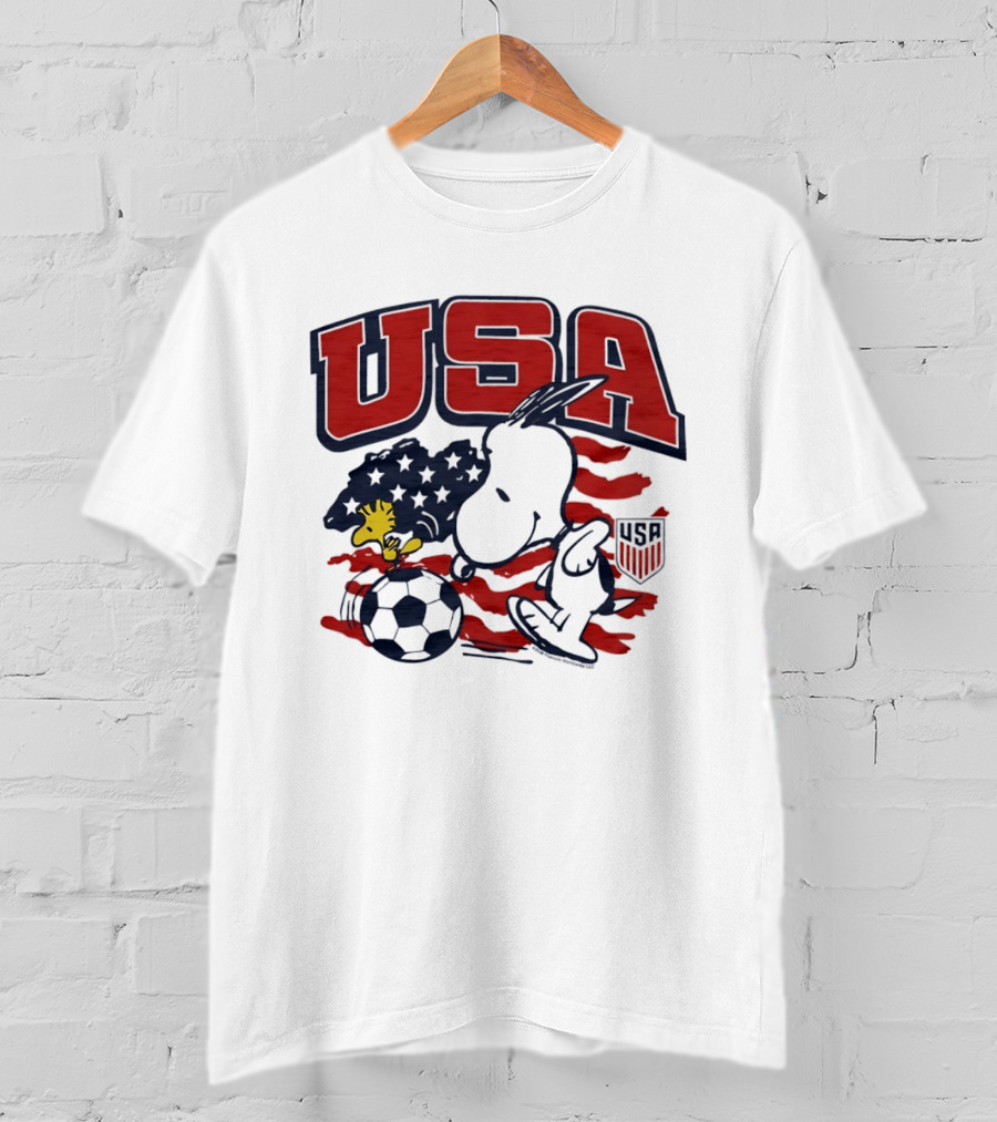 USA Soccer Snoopy And Woodstock Peanuts Characters With American Flag T-Shirt