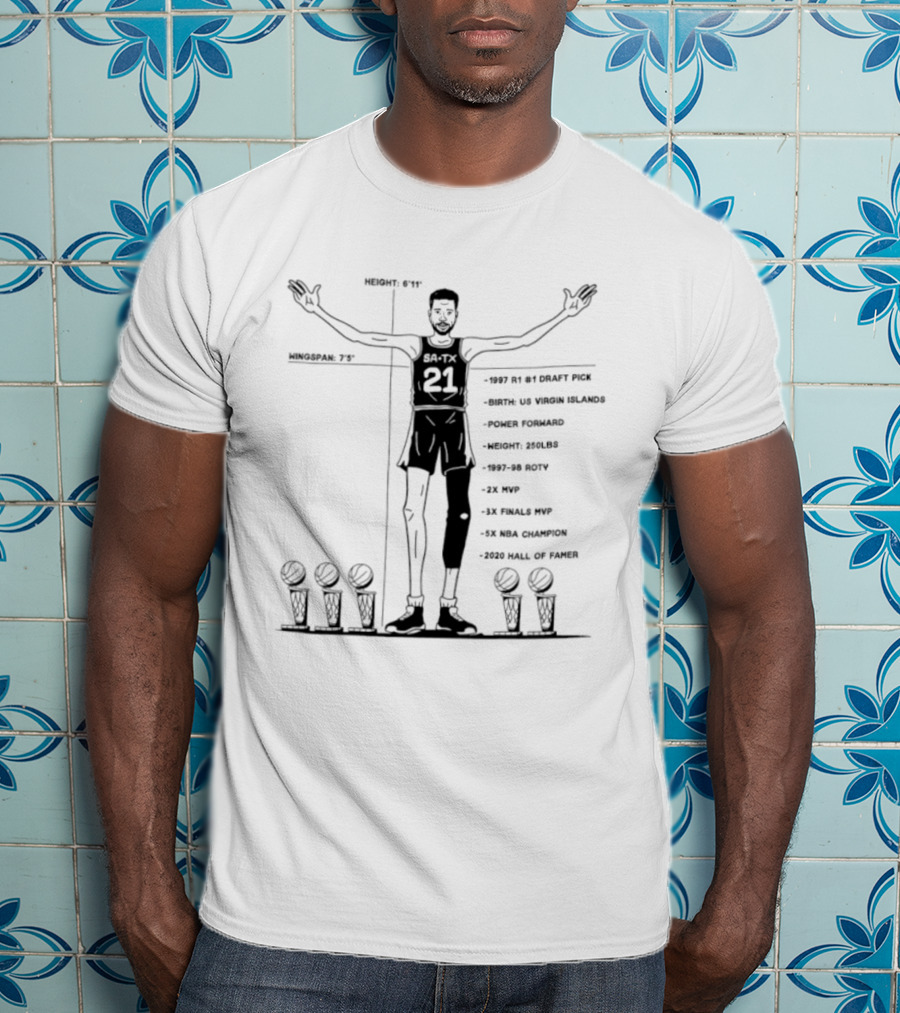 Spurs Tim Duncan 1997 R1 #1 Draft Pick Power Forward 1997 98 ROTY Virgin Islands 2003 Hall Of Fame 15x NBA All Star 2x NBA MVP 5x NBA Champion T-Shirt