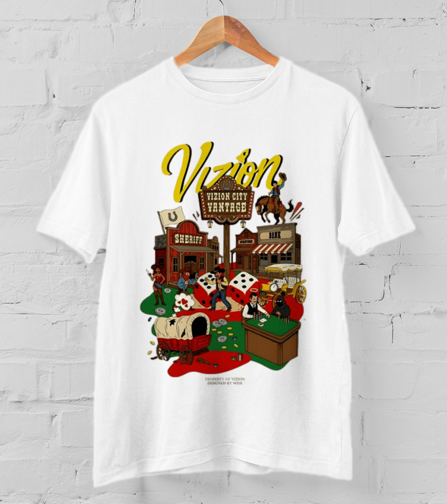 Vizion City Vantage Wild West Cowboy Town Dice Saloon Sheriff Wagon Horse T-Shirt