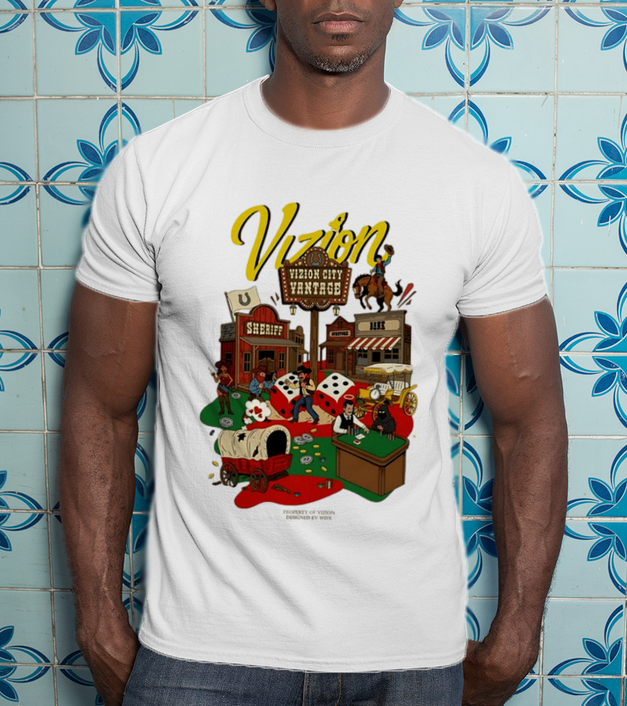 Vizion City Vantage Wild West Cowboy Town Dice Saloon Sheriff Wagon Horse T-Shirt