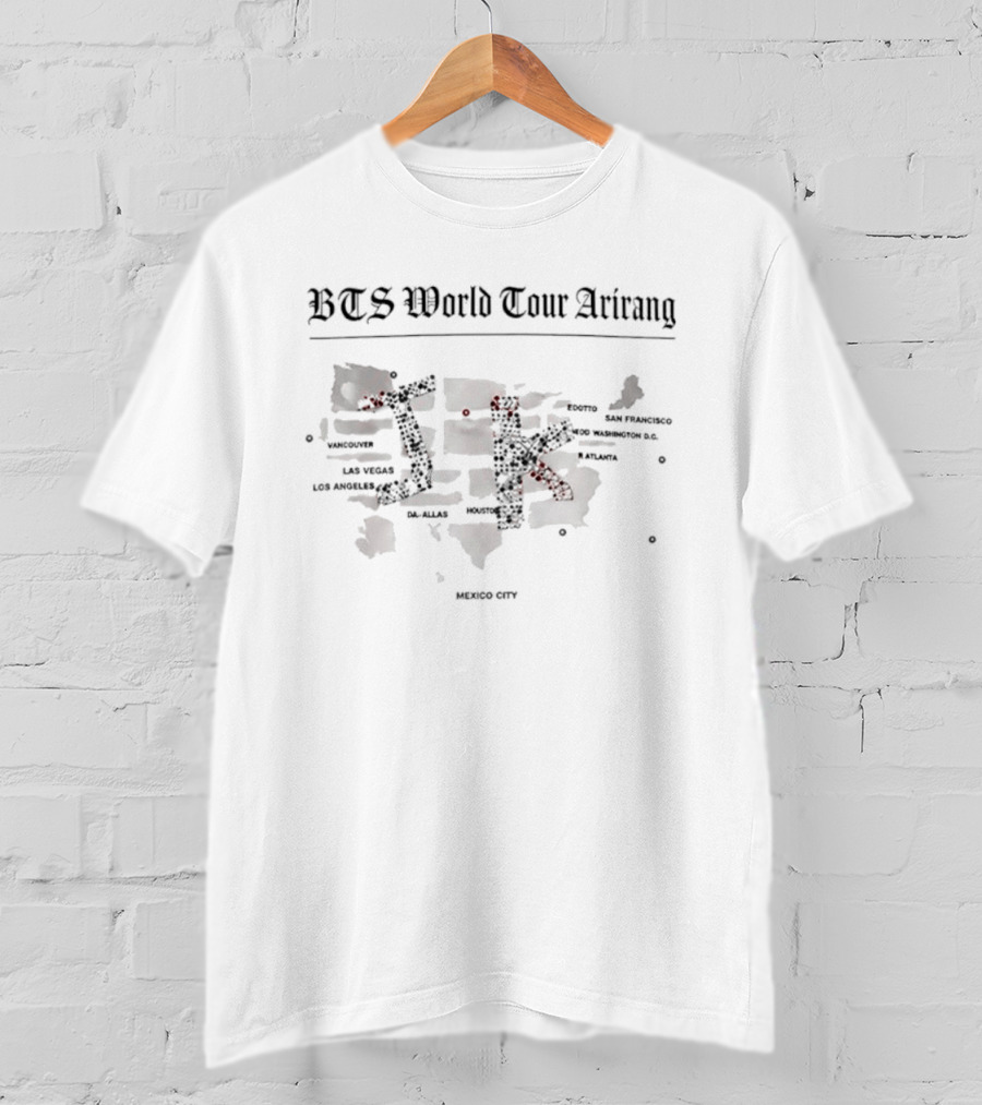 BTS World Tour Arirang JK 2026 Map Featuring Stanford Los Angeles Hollywood Dallas Chicago Miami T-Shirt