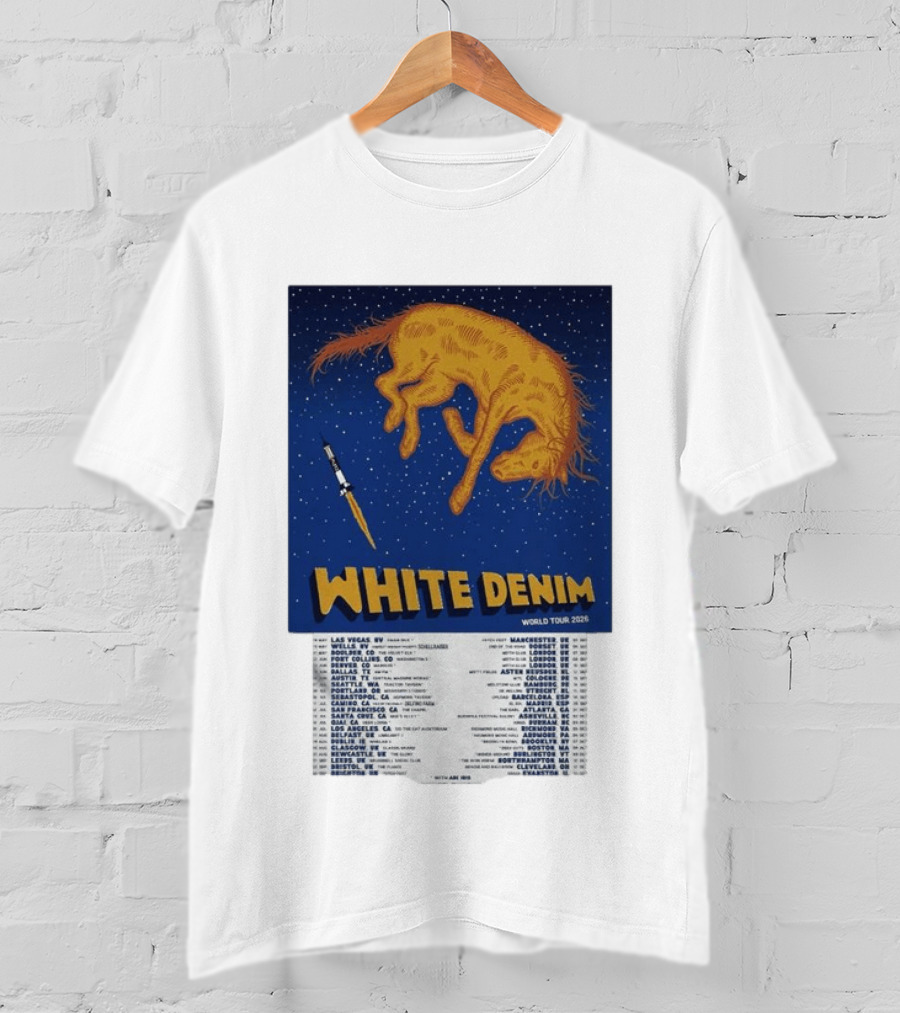 White Denim World Tour 2026 Tour Dates And Cities With Starry Night Horse Scene T-Shirt