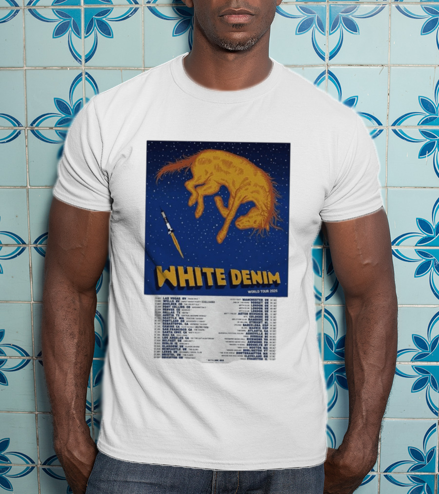 White Denim World Tour 2026 Tour Dates And Cities With Starry Night Horse Scene T-Shirt
