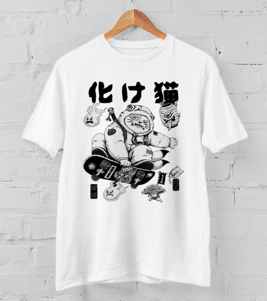 Bakeneko Gang Skateboarding Cat Demon Kanji T-Shirt